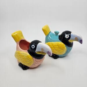 Vintage Bergschrund Seattle 1990 Toucan Pink Blue Set Pair Sugar w/ Lid Creamer